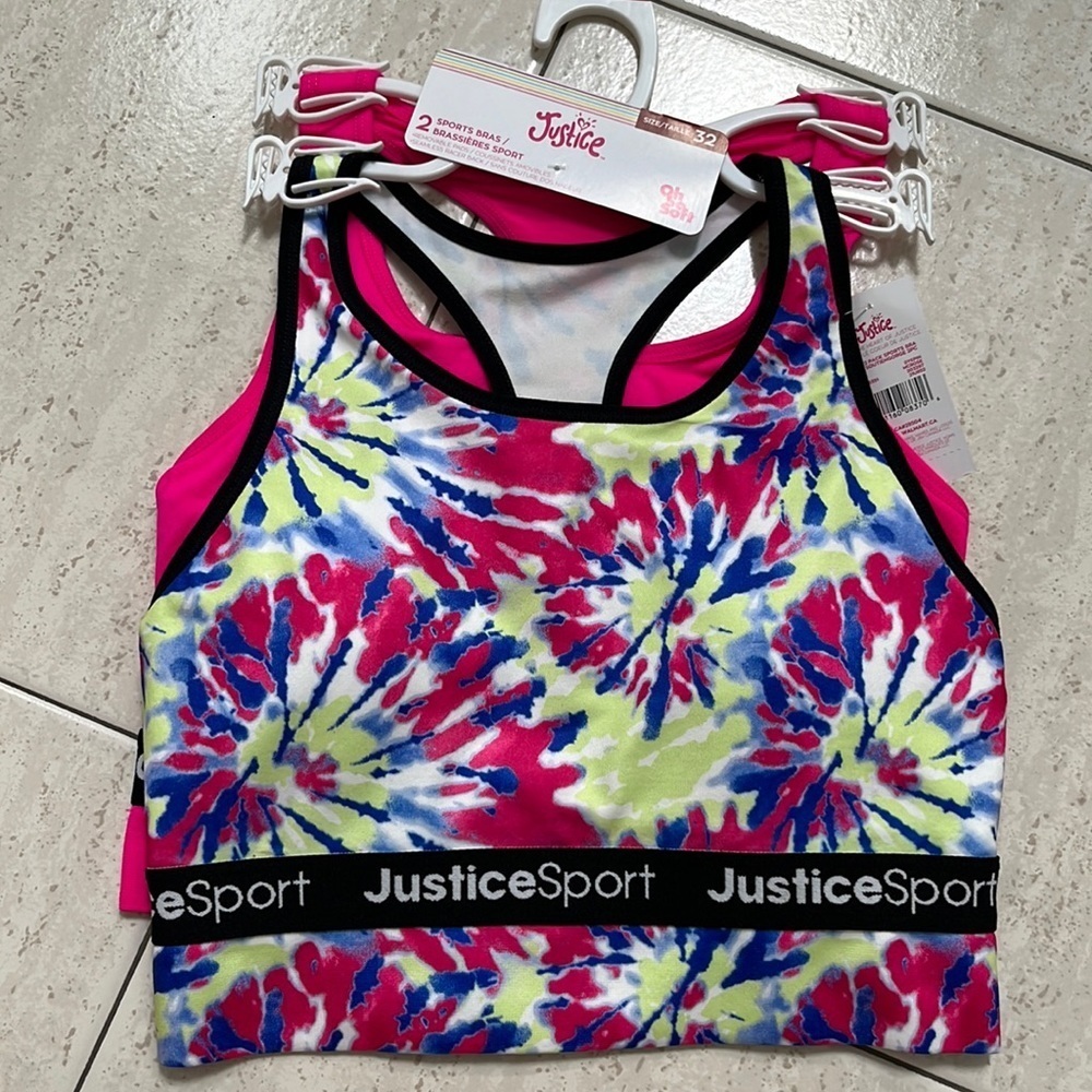 NWT pack of two sports bras for youth Justice with removable pads, seamless back